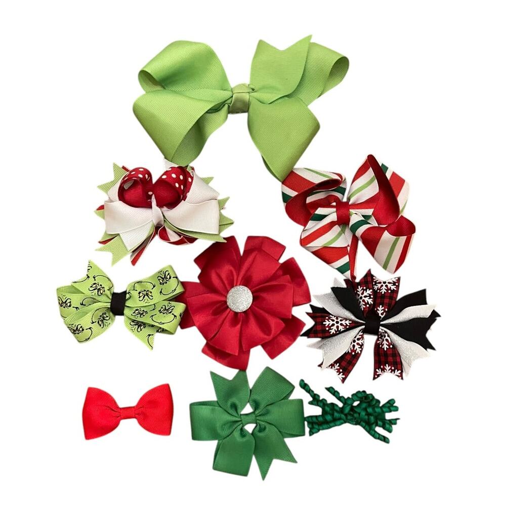 Lot of 9 Holiday Hair Bows Clip Ribbons Grils Grinch Striped